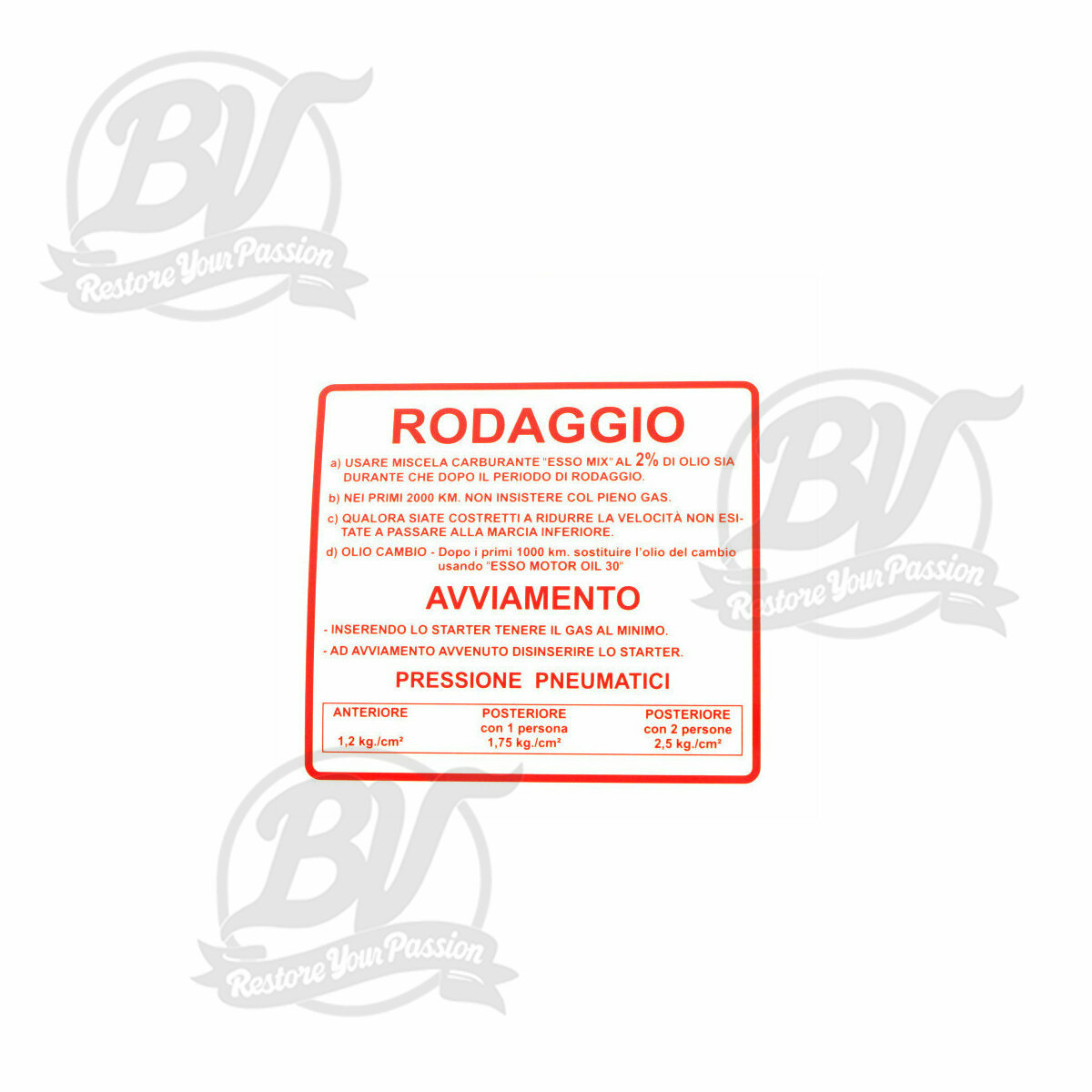 Autocollant rodaggio RMS Classic Piaggio Vespa Rally 180-200cc 610170M