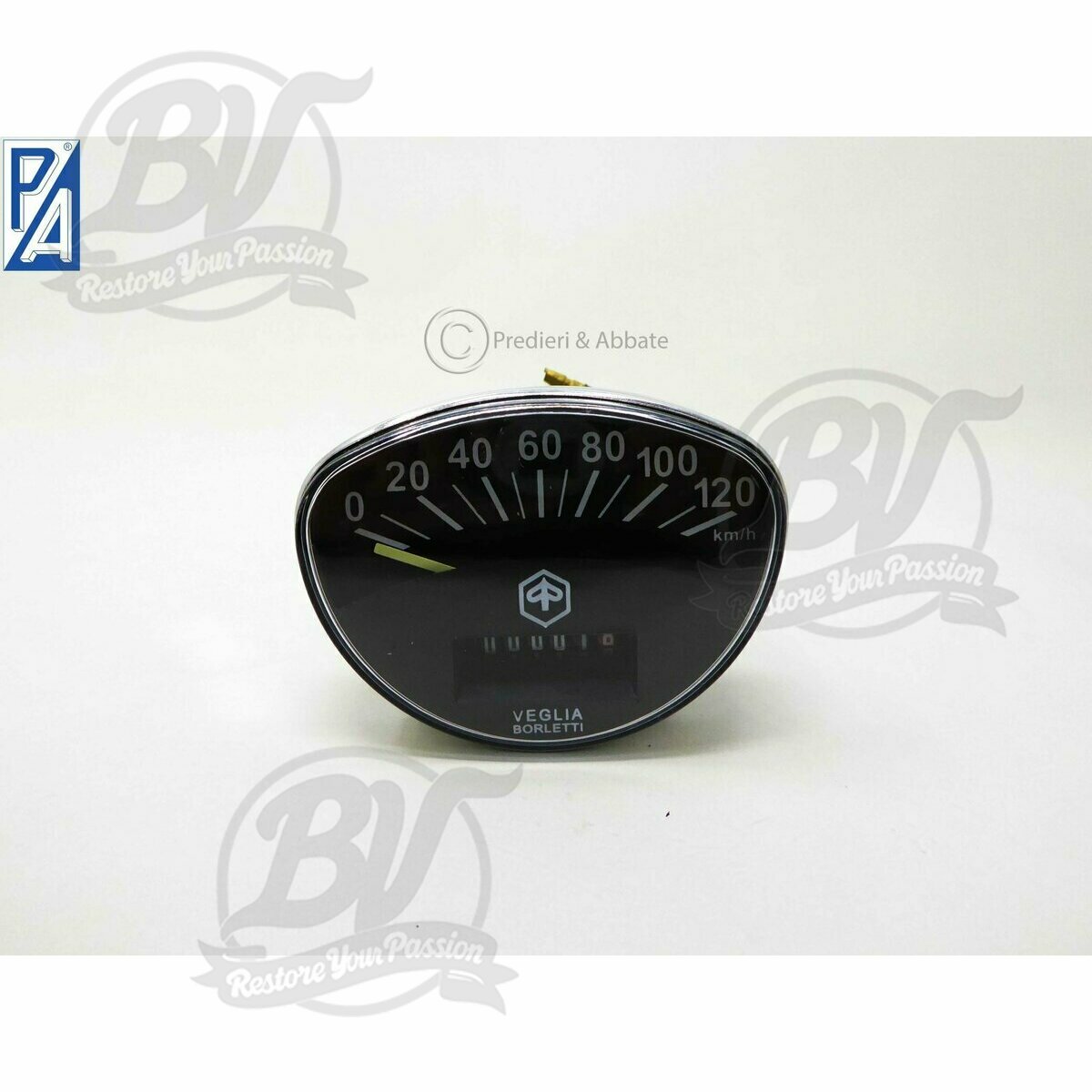 Compteur Vespa Rally180 (VSD1T), Rally200 (VSE1T), Sprint, PV125 - 120km/h (cadran noir, chiffres blancs)