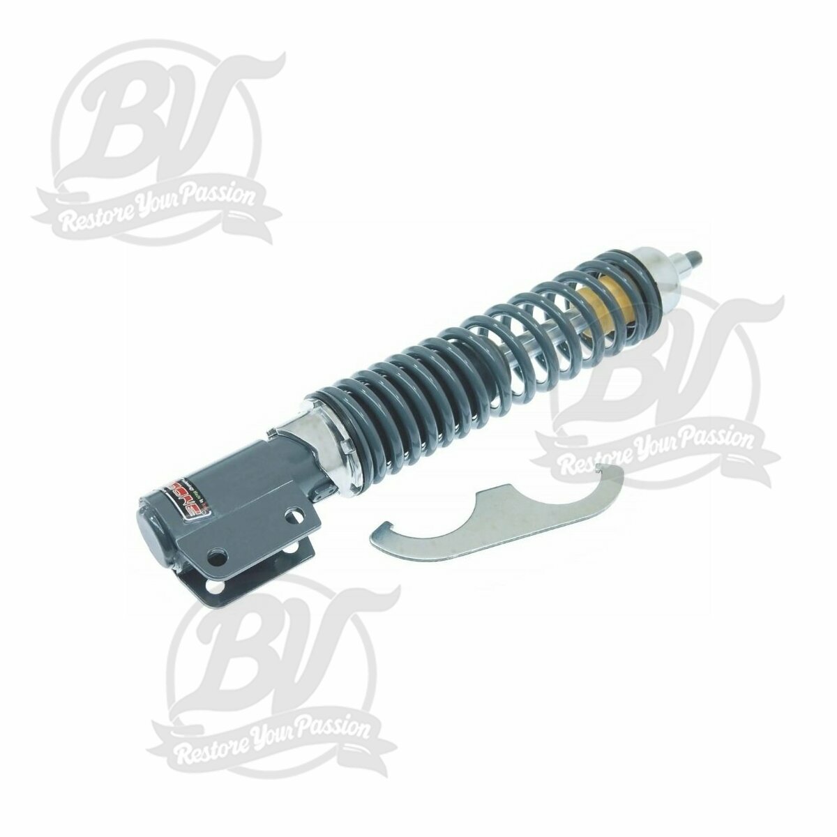 Amortisseur avant Vespa PX, corps gris, ressort gris, r&eacute;glage chrom&eacute;