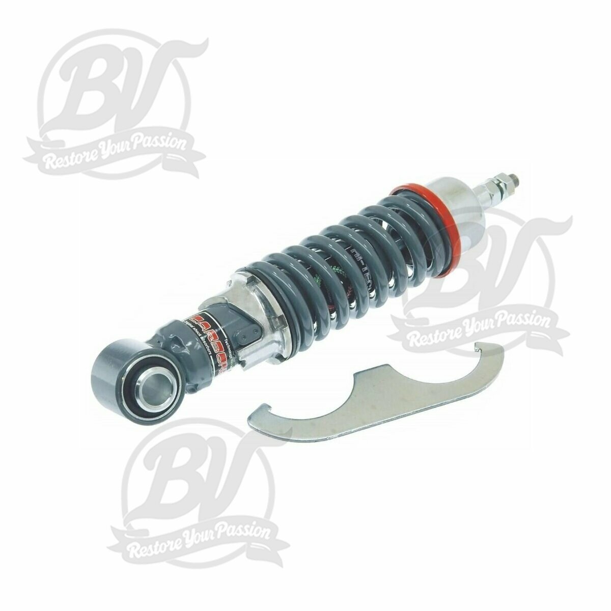 Amortisseur avant Vespa Vespa 50, ET3 Primavera, corps gris, ressort gris, r&eacute;glage chrom&eacute;