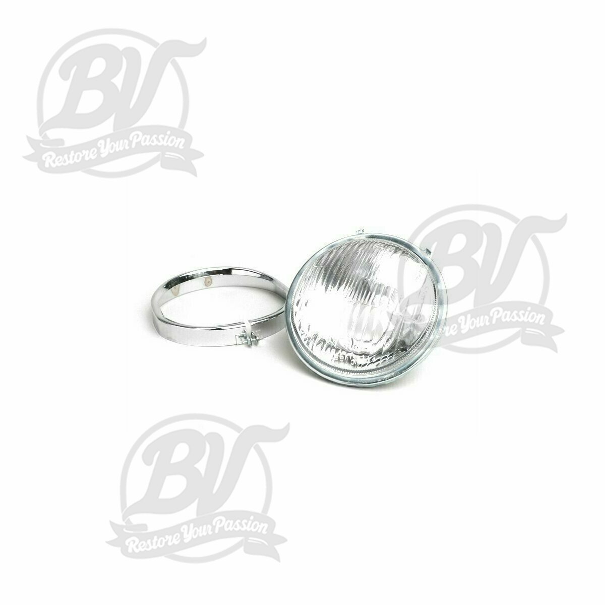 Optique de phare -VESPA &Oslash;=115/120mm- Vespa SS50 (V5SS1T), 50SR (V5SS2T), SS90 (V9SS1T), 90 Racer (V9SS2T), PV125 (VMA1T, VMA2T), ET3 VMB1T), Super (VNC1T/VBC1T) - Bilux, cerclage de phare inclus