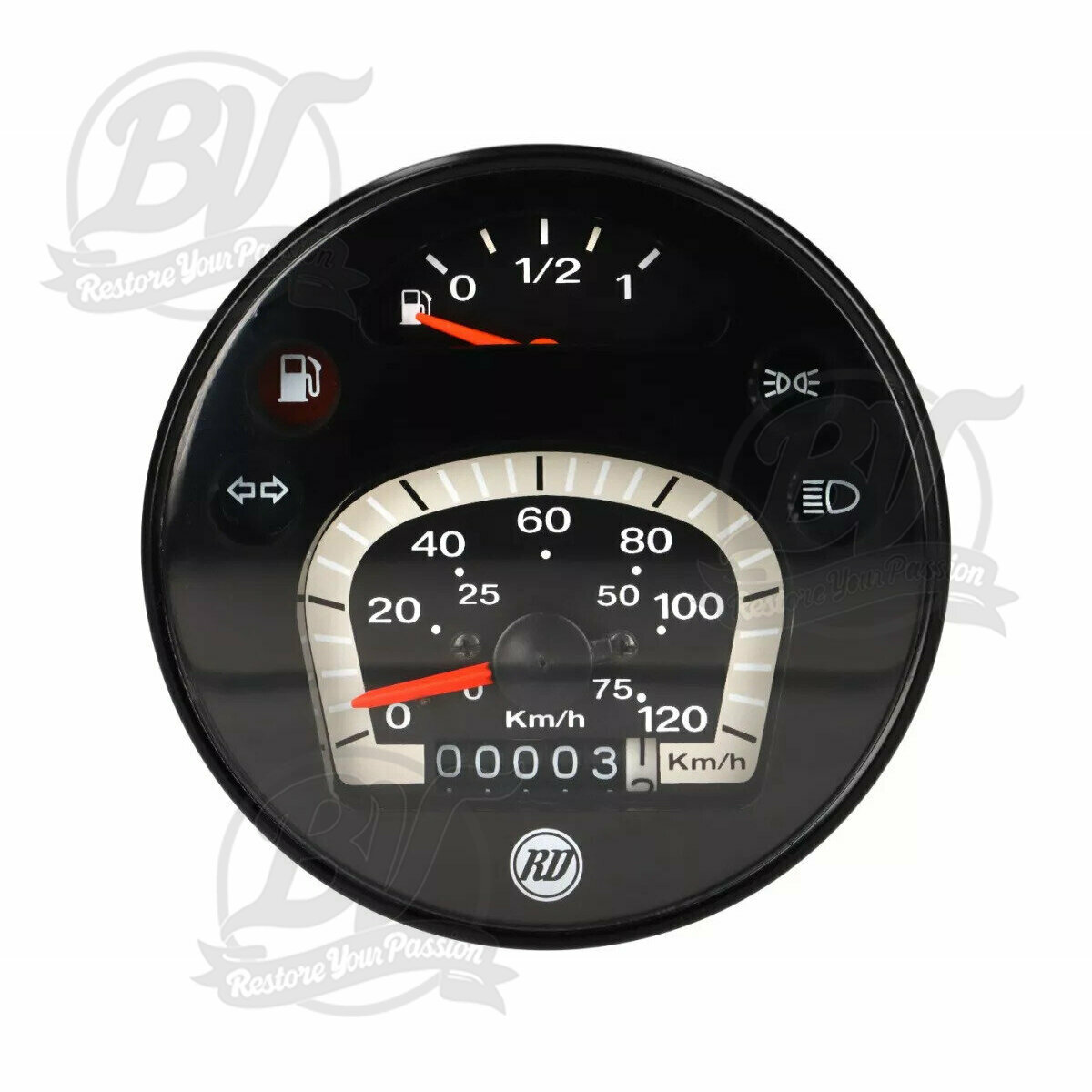 Compteur de vitesse RD 2001 Black Edition- Vespa &Oslash;=105mm - PX Lusso, T5 Classic, My, 2001, 2011 - 120km/h - cadre et cadran noir - convient aussi pour Vespa PK50/80 S Lusso, PK XL, PK125 ETS