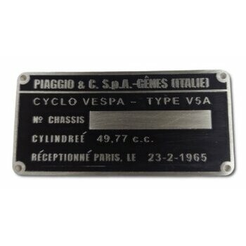 Plaque signal&eacute;tique constructeur Vespa 50cc V5A fran&ccedil;ais