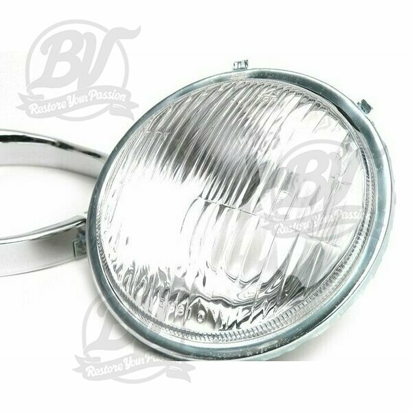 Optique de phare -VESPA Ø=115/120mm- Vespa SS50 (V5SS1T), 50SR (V5SS2T), SS90 (V9SS1T), 90 Racer (V9SS2T), PV125 (VMA1T, VMA2T), ET3 VMB1T), Super (VNC1T/VBC1T) - Bilux, cerclage de phare inclus