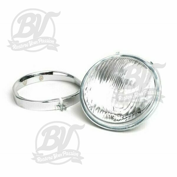 Optique de phare -VESPA Ø=115/120mm- Vespa SS50 (V5SS1T), 50SR (V5SS2T), SS90 (V9SS1T), 90 Racer (V9SS2T), PV125 (VMA1T, VMA2T), ET3 VMB1T), Super (VNC1T/VBC1T) - Bilux, cerclage de phare inclus