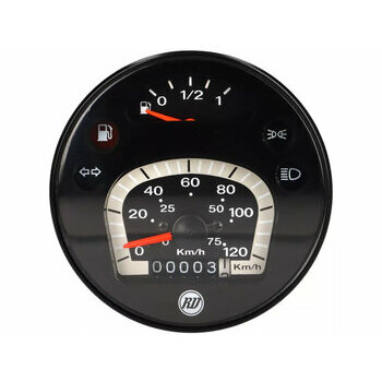 Compteur de vitesse RD 2001 Black Edition- Vespa &Oslash;=105mm - PX Lusso, T5 Classic, My, 2001, 2011 - 120km/h - cadre et cadran noir - convient aussi pour Vespa PK50/80 S Lusso, PK XL, PK125 ETS